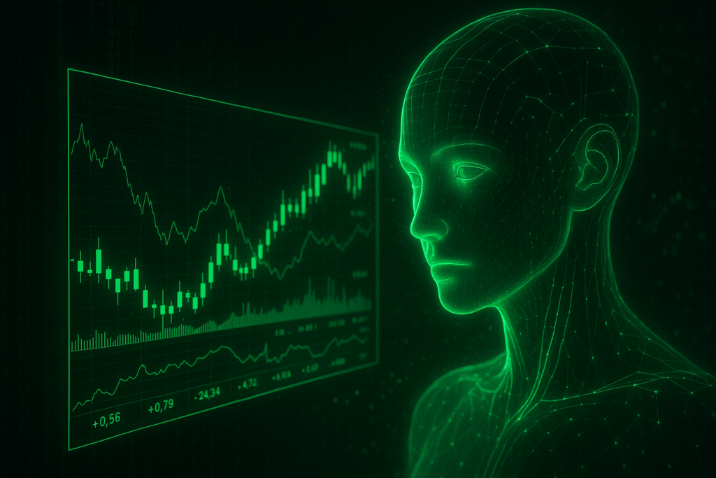 Inteligência artificial observando gráficos financeiros holográficos em verde neon, representando análise de dados no mercado financeiro moderno.