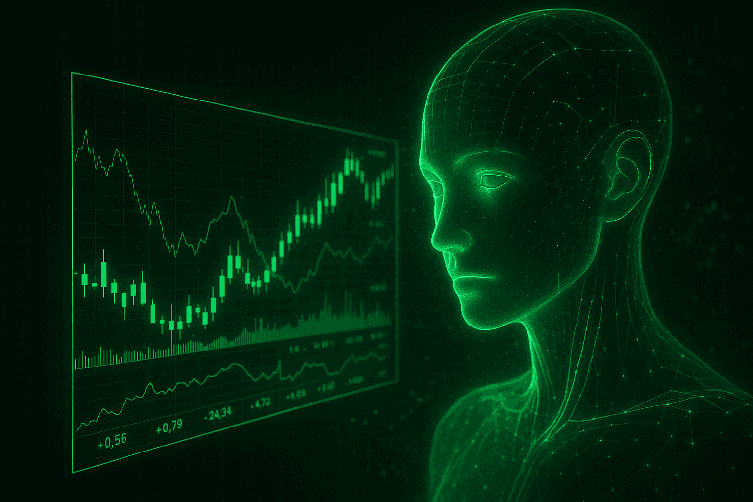 Inteligência artificial observando gráficos financeiros holográficos em verde neon, representando análise de dados no mercado financeiro moderno.
