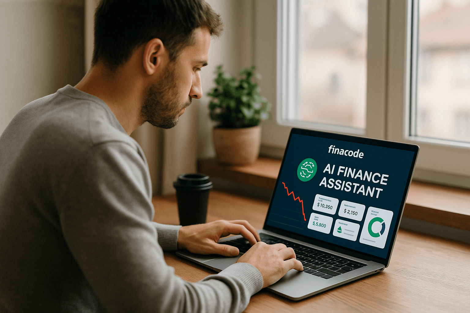Homem analisando gráficos financeiros no notebook com ajuda de inteligência artificial, em um ambiente doméstico moderno e realista, mostrando um gráfico em queda com cores no estilo Finacode.