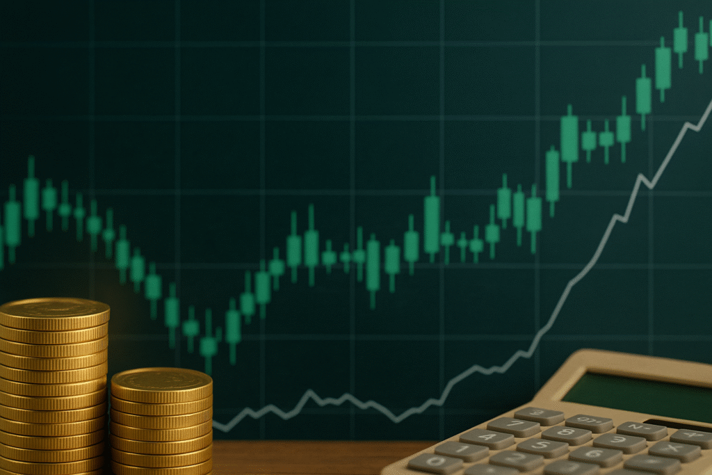 imagem ilustrativa de moedas douradas empilhadas com gráfico de crescimento financeiro em fundo verde escuro, representando investimentos seguros e rentáveis