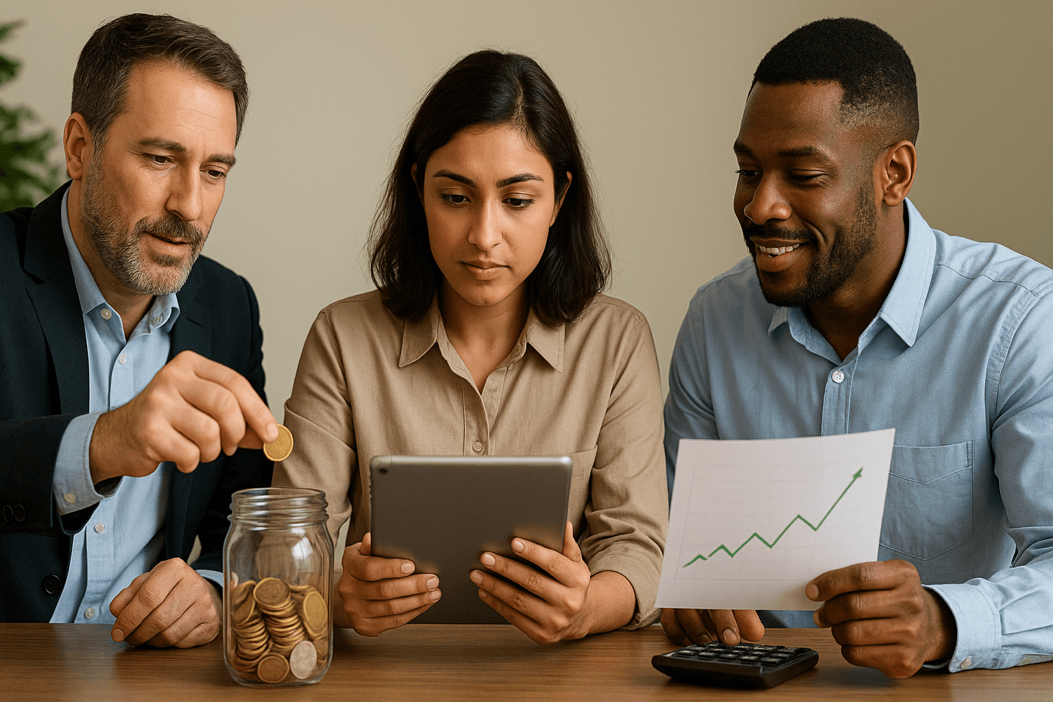 três pessoas de diferentes origens analisando investimentos em equipe com moedas e gráficos de crescimento, representando o conceito de investir com pouco dinheiro e baixo risco