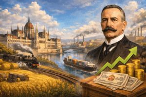 Ilustração histórica da Hungria com o Parlamento de Budapeste, um retrato de István Tisza