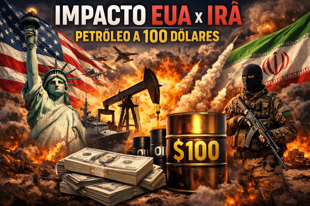 Statue of Liberty with US flag, Iranian soldier with flag, oil barrels, money stacks, military jets, and explosions illustrating US-Iran conflict and $100 oil price