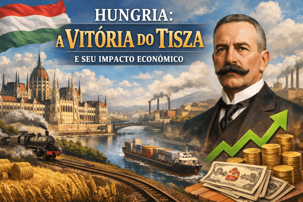 Ilustração histórica da Hungria com o Parlamento de Budapeste, um retrato de István Tisza, símbolos de crescimento econômico como moedas e gráfico ascendente, além de elementos industriais, agrícolas e transporte fluvial e ferroviário.